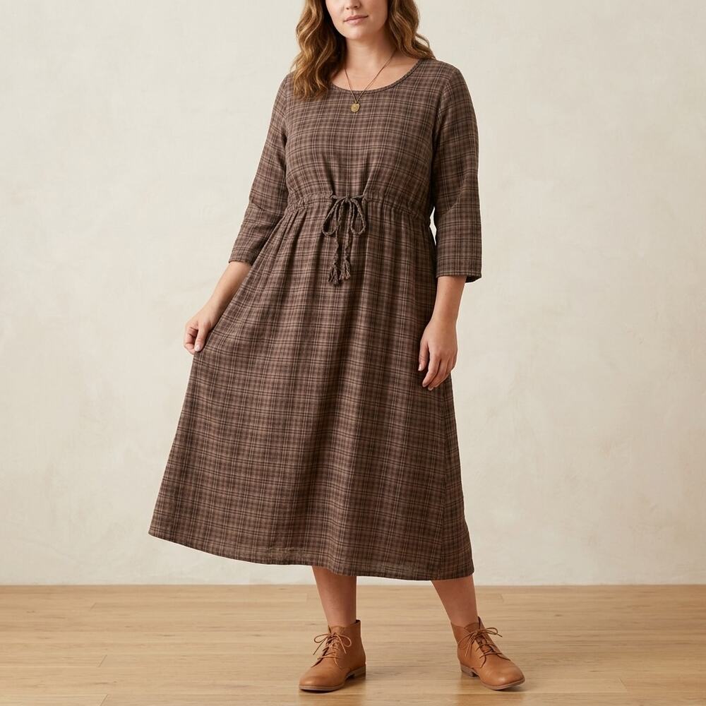 Women Prairie Midi Dress XL Brown Plaid Linen Blend Drawstring Cottage Modest